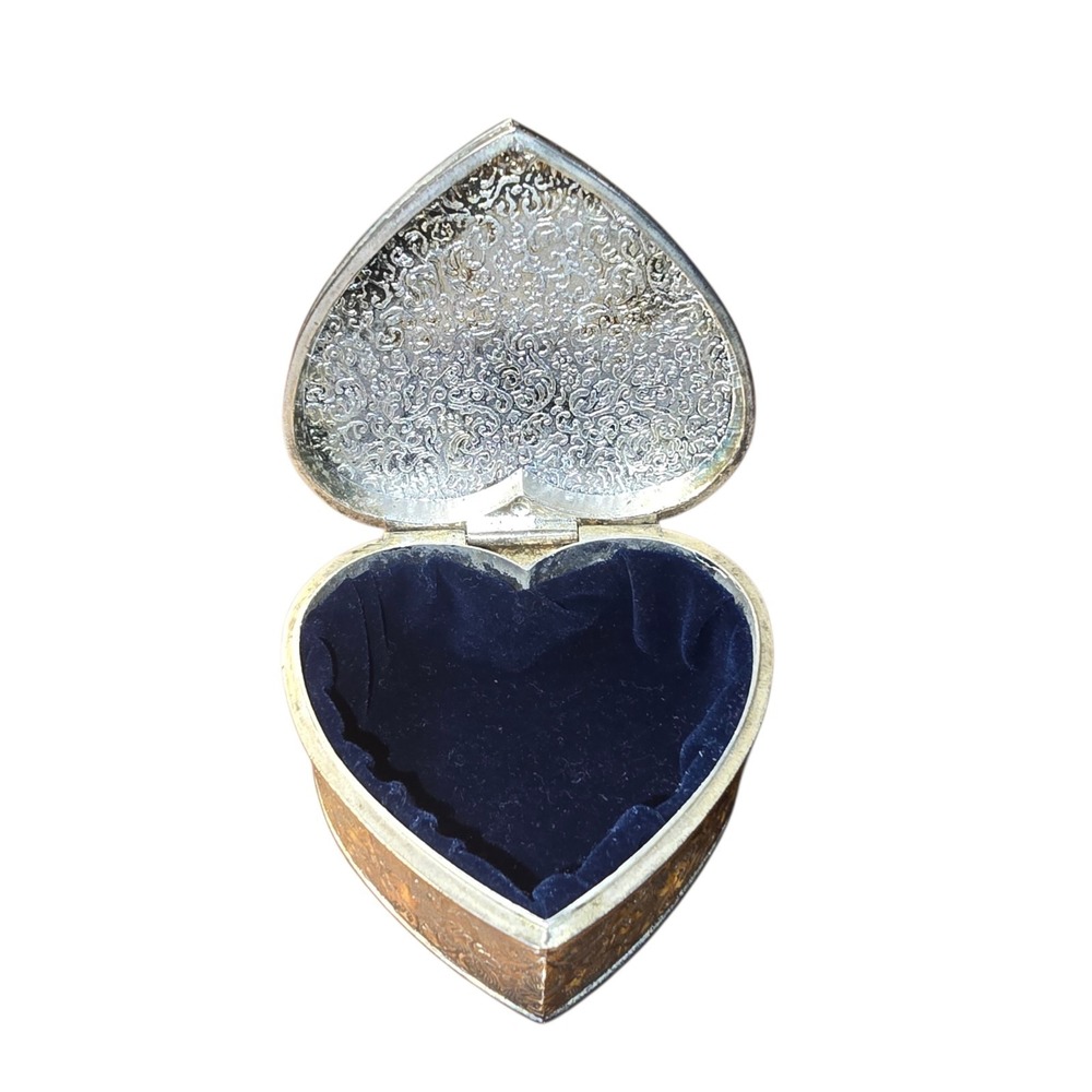 Vintage Heart Shaped Silver Floral Design Mini Jewelry Box Blue Velvet Interior